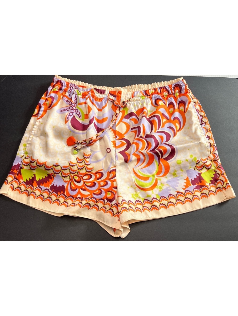 Zara Retro Graphic Print Pull On Shorts Beaded Shell Charm Drawstring Women M